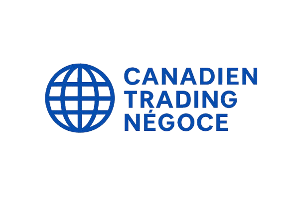 Logo bleu de Canadien Trading Négoce, représentant un globe stylisé à gauche et le nom de l’entreprise en lettres capitales à droite.