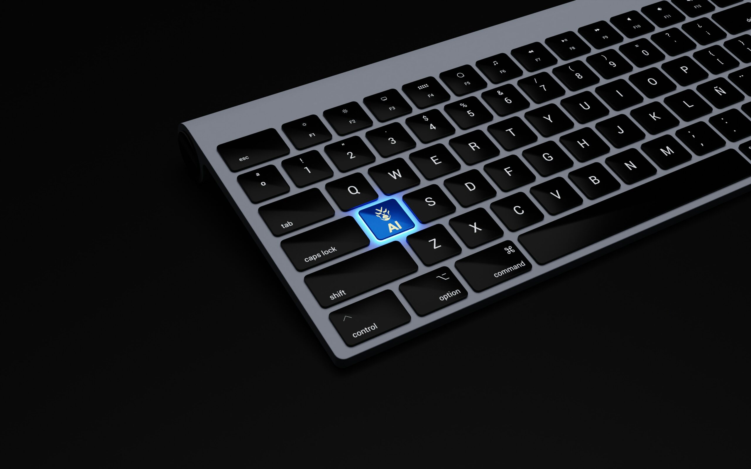 Clavier d’ordinateur avec une touche bleue “AI” illuminée, symbolisant l’intelligence artificielle appliquée aux entreprises et à la transformation digitale.