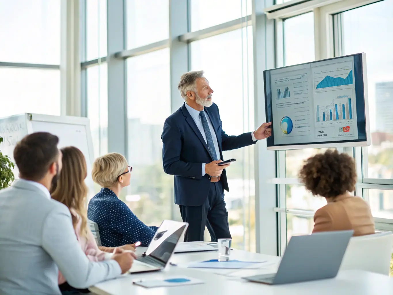 An image of a project manager leading a team meeting with project timelines and charts displayed on a presentation screen.