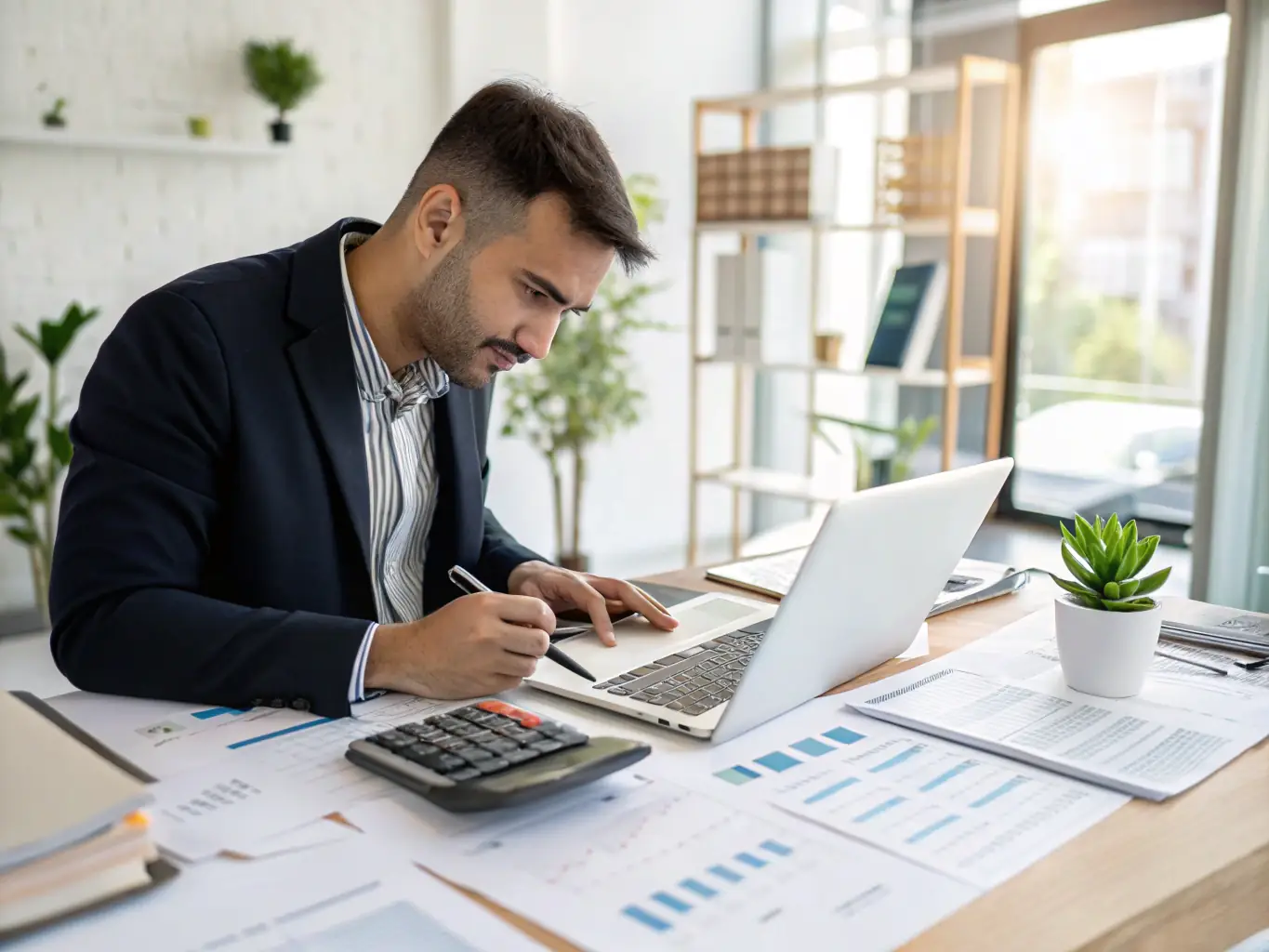 An image of an auditor reviewing financial documents with a laptop and analytical charts displayed on a screen.