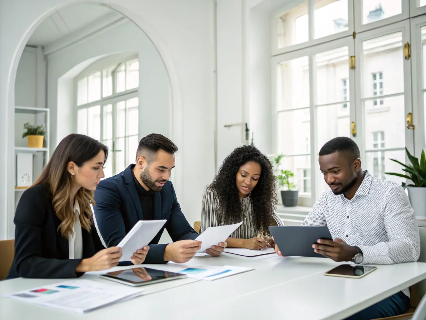 An image of a diverse team of consultants collaborating over a strategic plan on a digital tablet in a modern office setting.